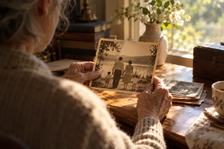 Carefully preserved vintage family photograph resting on a desk in gentle window light.