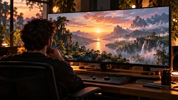 Film editor reviewing a luminous animated landscape frame on a widescreen display.