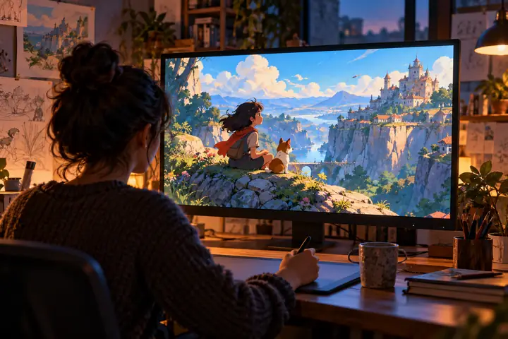 Vibrant hand-drawn animation frame displayed on an editor's monitor in a softly lit workspace.