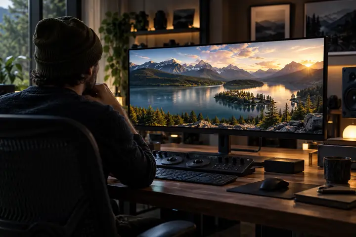 Modern video editing workstation with a monitor showing detailed landscape footage in a calm studio.