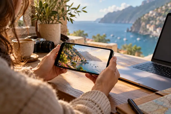 Smartphone displaying a softly compressed travel video beside a laptop in natural daylight.