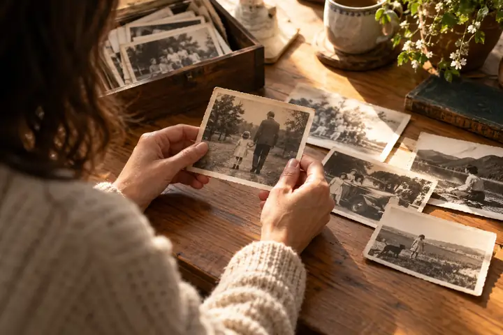 Small collection of aged family photographs being examined on a bright wooden tabletop.
